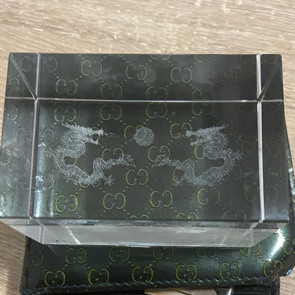 Vintage Crystal Glass Paperweight with Laser Etched Dragon Figures